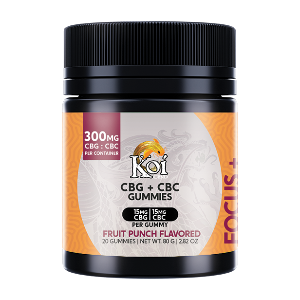 A 20-count jar of Koi CBG + CBC Gummies